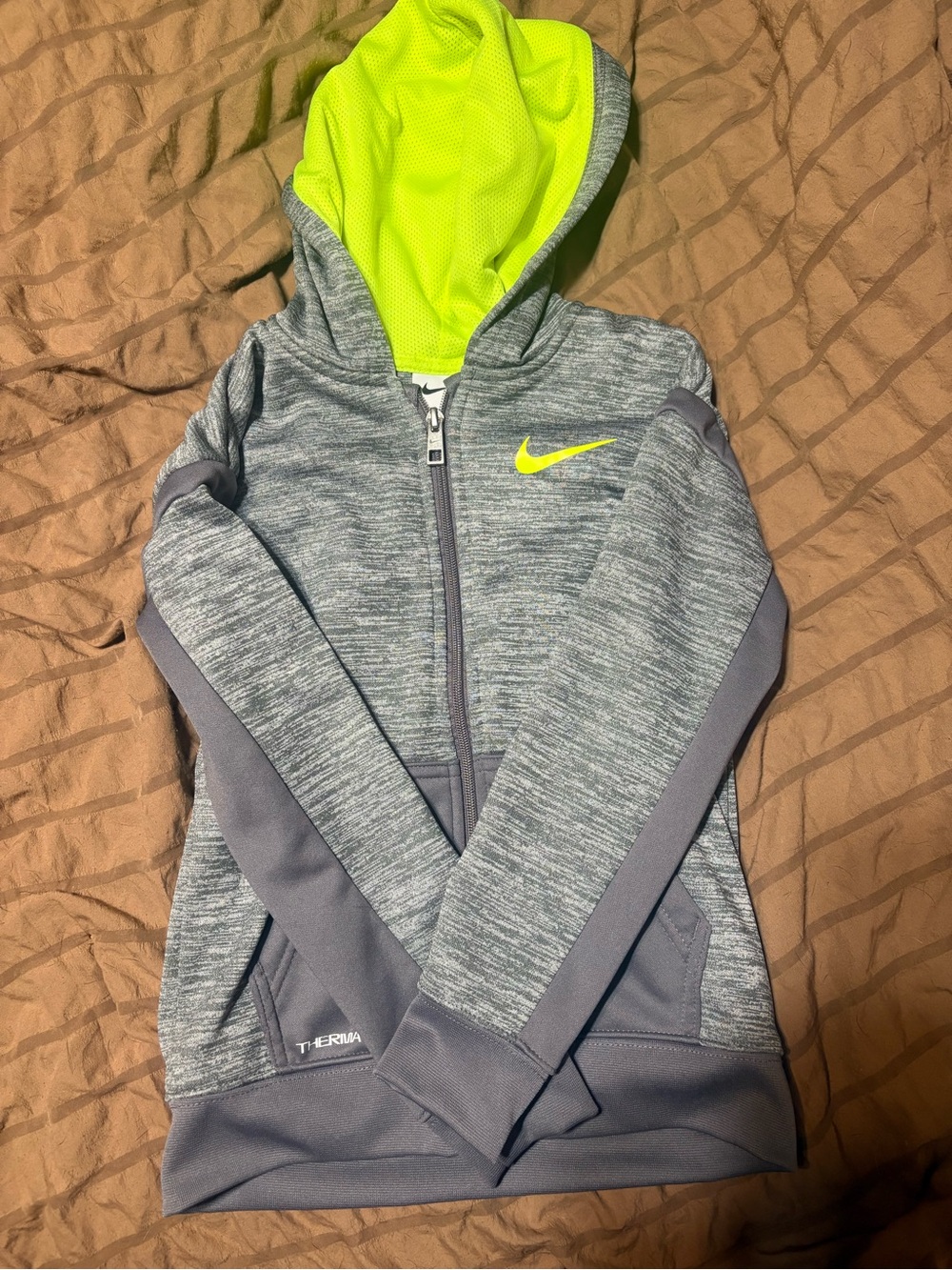 Nike Kids Gray Heather Zip Hoodie with Volt Green Lining